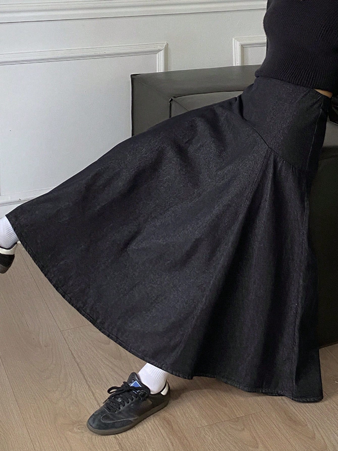 CM-BS264402 Women Casual Seoul Style Solid Color Mid Waist Flared Denim Skirt - Blue