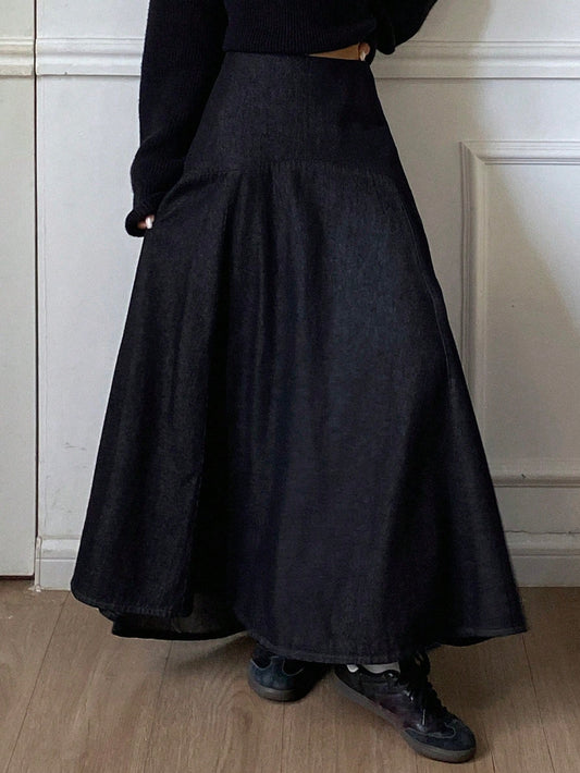 CM-BS264402 Women Casual Seoul Style Solid Color Mid Waist Flared Denim Skirt - Blue