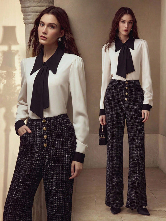 CM-TS935169 Women Elegant Seoul Style Collar Neckline Long Sleeve Colorblock Bow Detail Blouse - Apricot