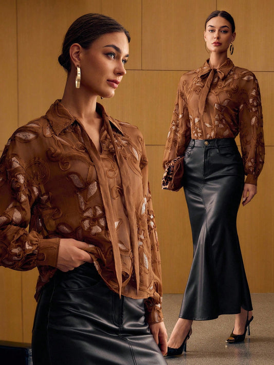 CM-TS455524 Women Elegant Seoul Style Tie Neck Long Sleeve Contrast Sequin Embroidery Blouse - Brown