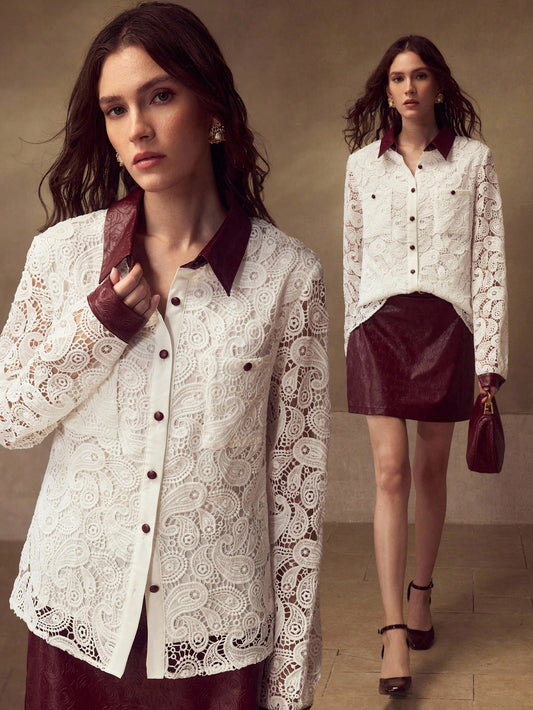 CM-TS870632 Women Elegant Seoul Style Collar Neckline Long Sleeve Embroidered Floral Embossed Leather Patchwork Blouse