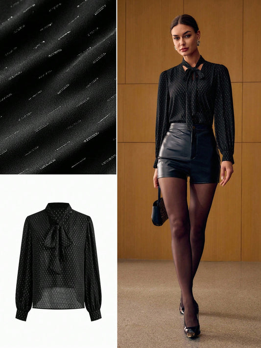 CM-TS271959 Women Elegant Seoul Style Allover Print Tie Neck Lantern Sleeve Blouse - Black