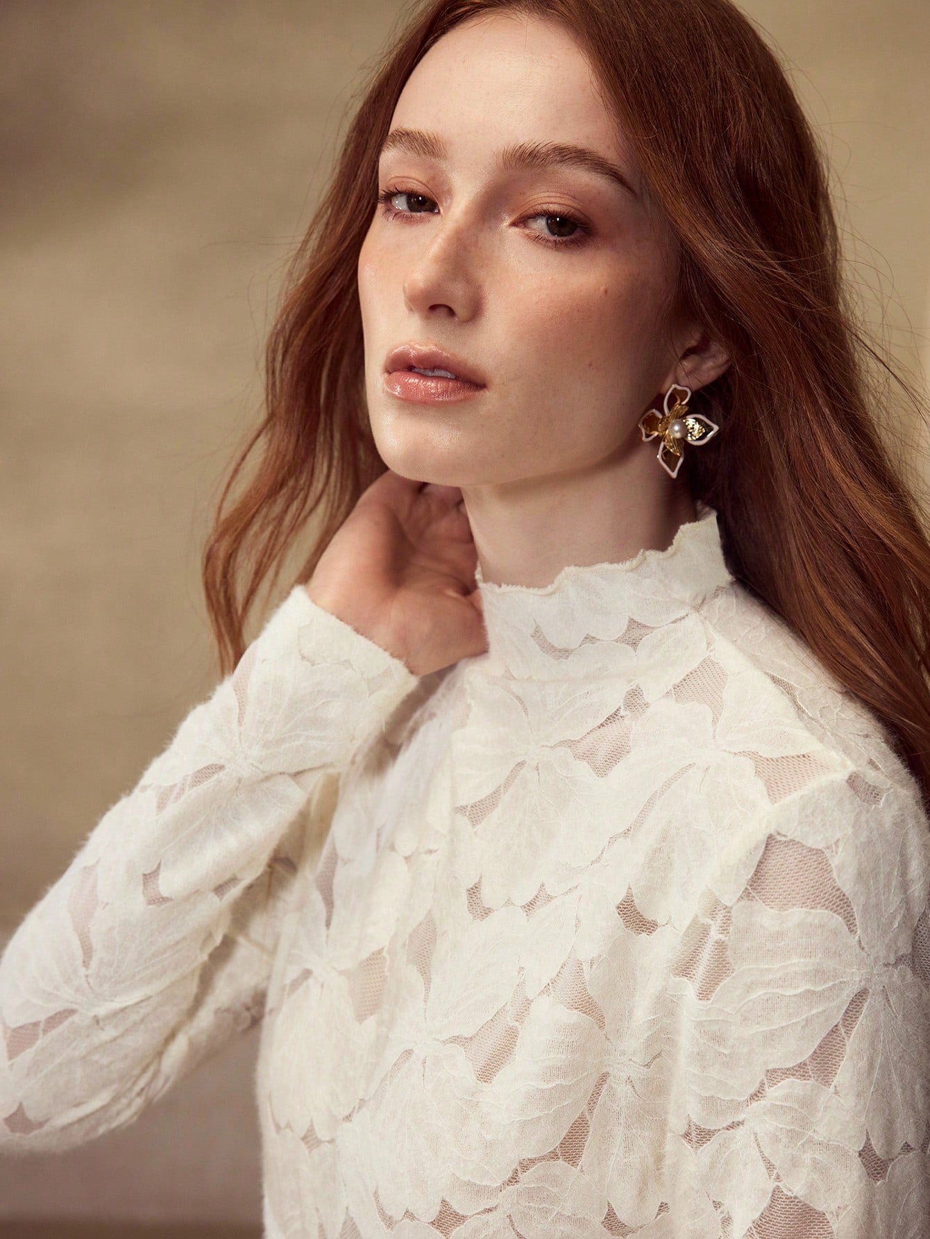 CM-TS722720 Women Elegant Seoul Style Lace Trim Mock Neck Long Sleeve Semi-Sheer Blouse - Apricot