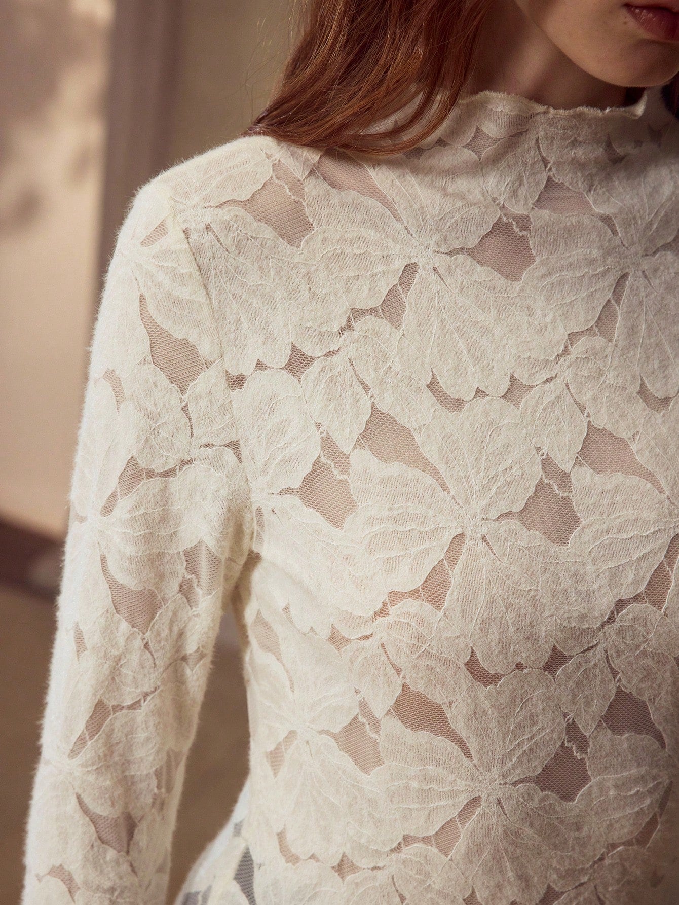 CM-TS722720 Women Elegant Seoul Style Lace Trim Mock Neck Long Sleeve Semi-Sheer Blouse - Apricot