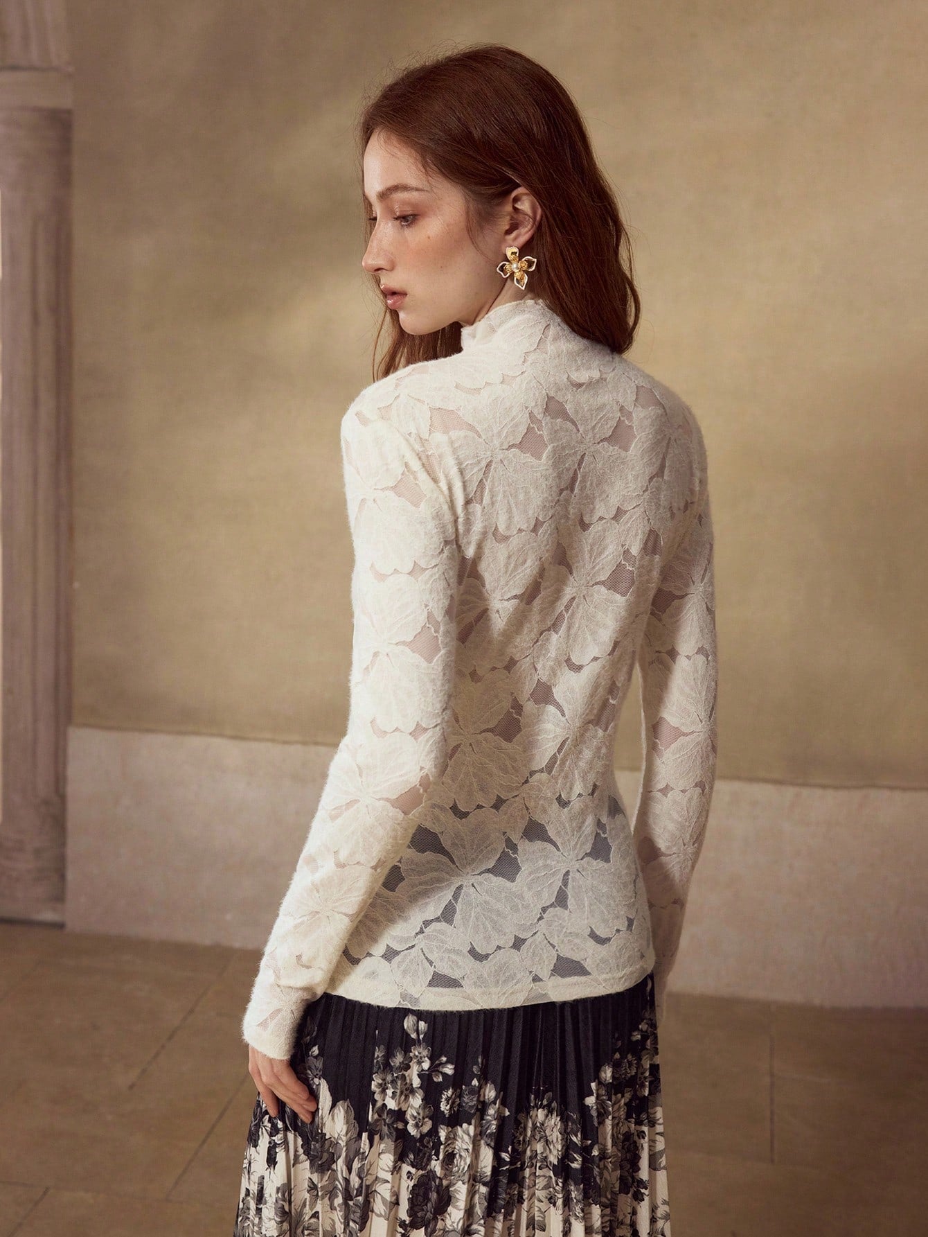 CM-TS722720 Women Elegant Seoul Style Lace Trim Mock Neck Long Sleeve Semi-Sheer Blouse - Apricot
