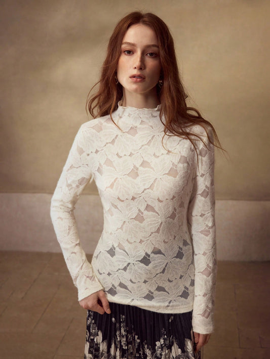 CM-TS722720 Women Elegant Seoul Style Lace Trim Mock Neck Long Sleeve Semi-Sheer Blouse - Apricot