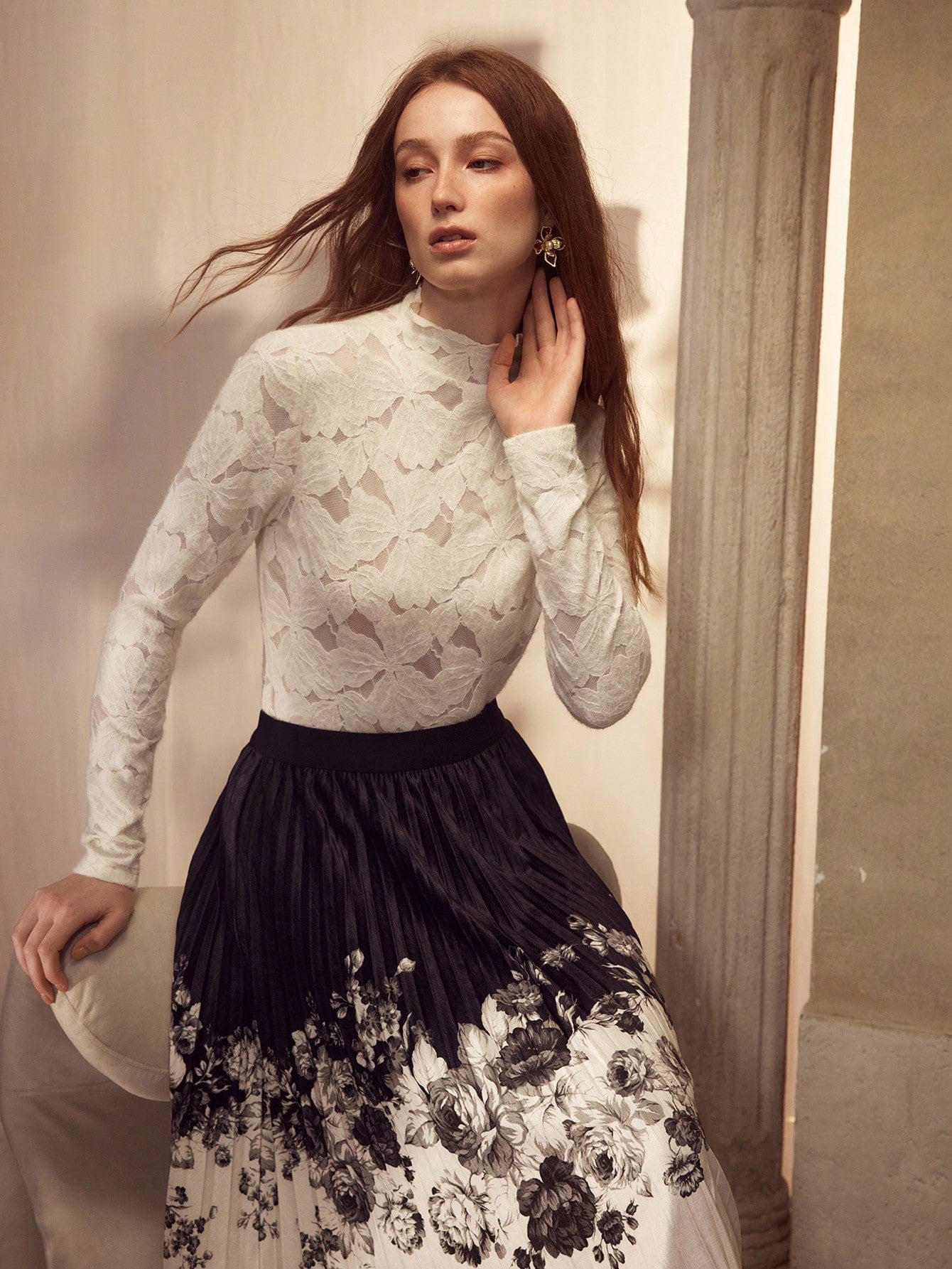 CM-TS722720 Women Elegant Seoul Style Lace Trim Mock Neck Long Sleeve Semi-Sheer Blouse - Apricot