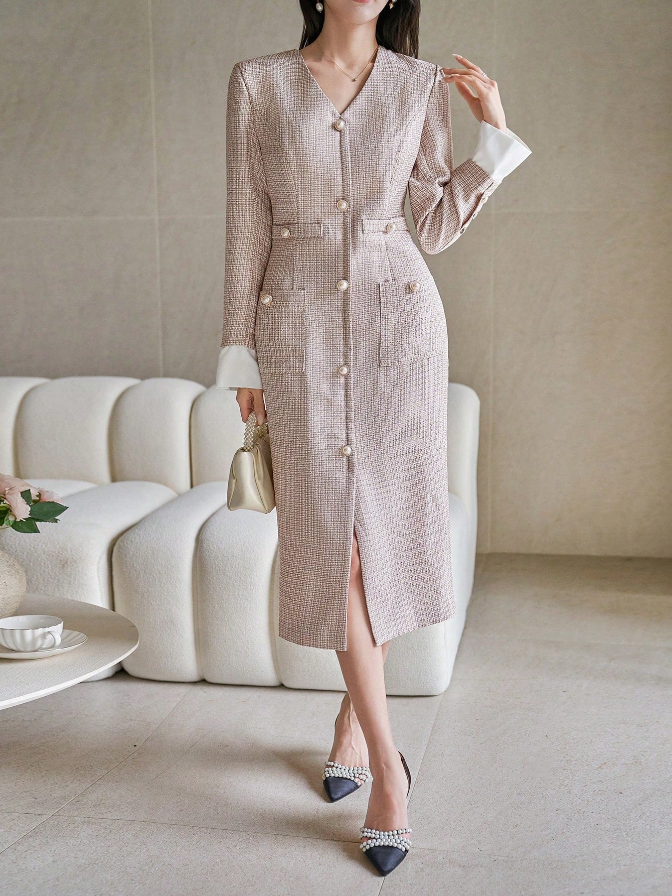 CM-DS211323 Women Elegant Seoul Style Contrast Color Patchwork V-Neck Long Sleeve Button Midi Dress - Apricot