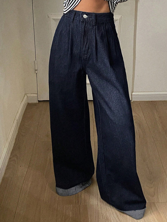 CM-BS002082 Women Casual Seoul Style Dark Wash Fold Pleated Solid Color Pocket Wide Leg Jeans