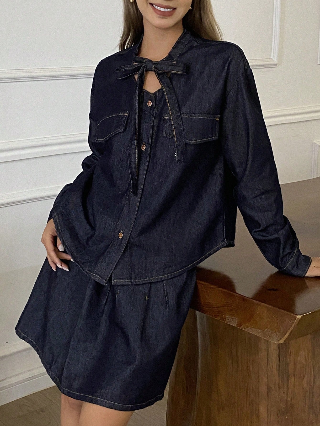 CM-SS232231 Women Elegant Seoul Style Tie Collar Long Sleeve Loose Denim Jacket With Pleated Mini Skirt - Set