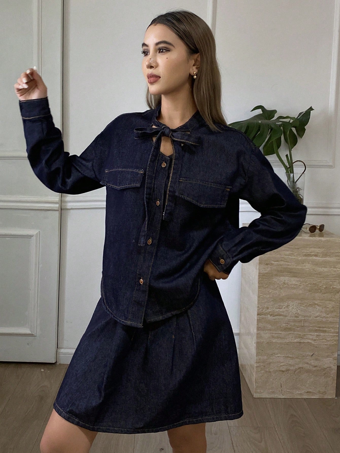 CM-SS232231 Women Elegant Seoul Style Tie Collar Long Sleeve Loose Denim Jacket With Pleated Mini Skirt - Set