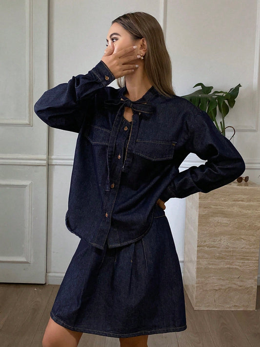 CM-SS232231 Women Elegant Seoul Style Tie Collar Long Sleeve Loose Denim Jacket With Pleated Mini Skirt - Set