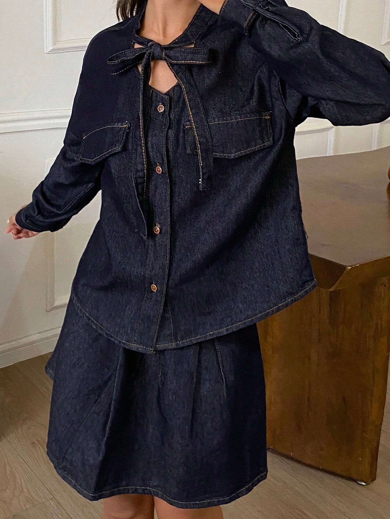 CM-SS232231 Women Elegant Seoul Style Tie Collar Long Sleeve Loose Denim Jacket With Pleated Mini Skirt - Set