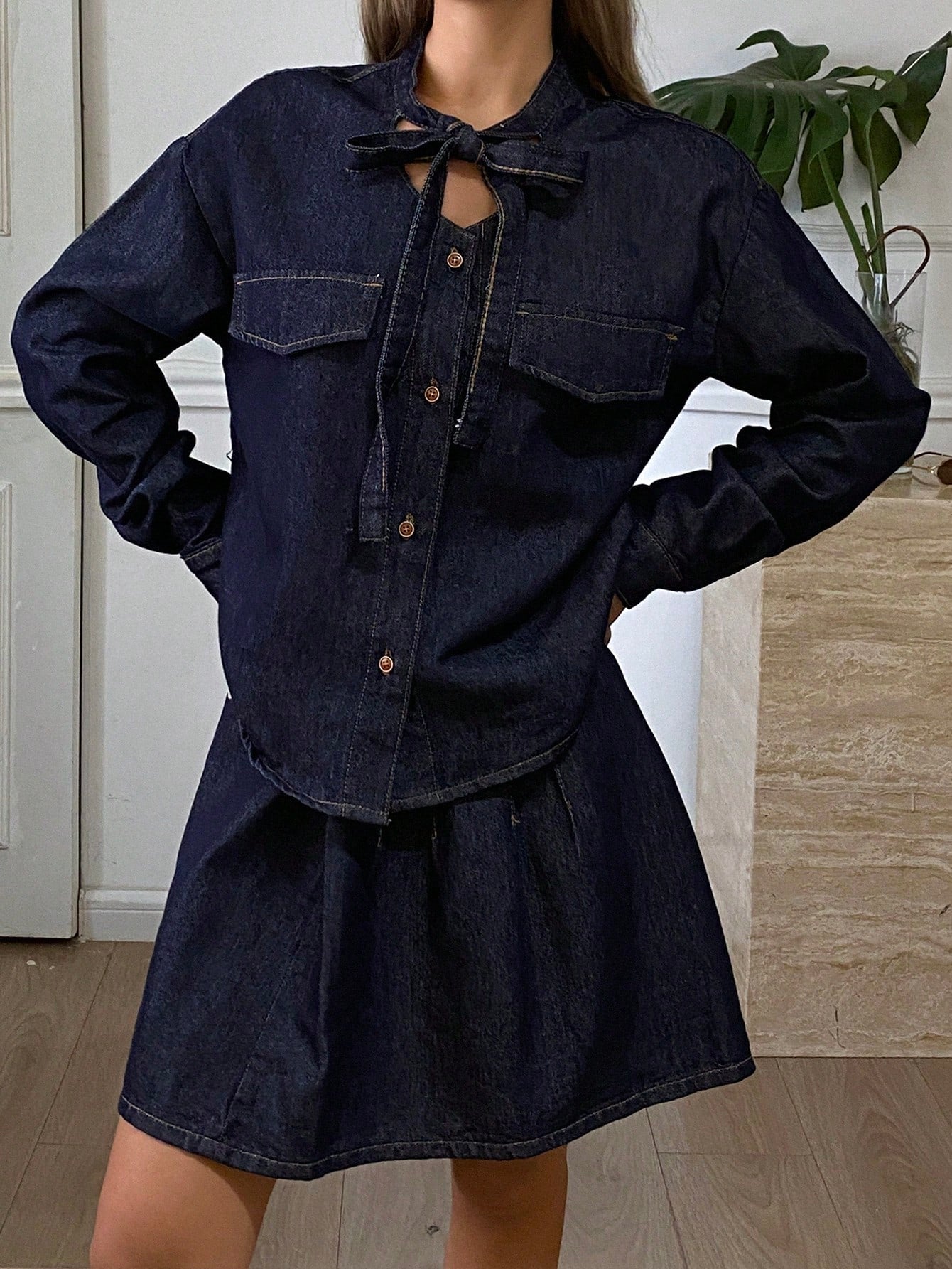 CM-SS232231 Women Elegant Seoul Style Tie Collar Long Sleeve Loose Denim Jacket With Pleated Mini Skirt - Set