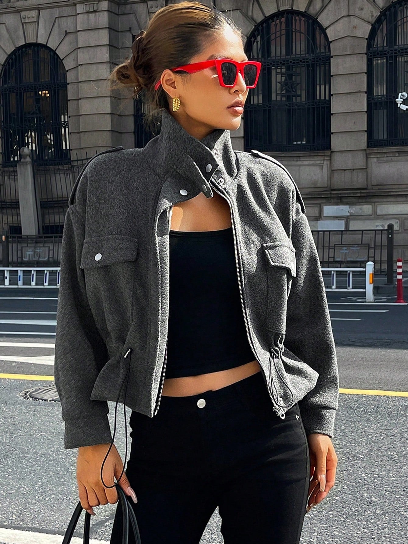 CM-CS798852 Women Elegant Seoul Style Funnel Neckline Long Sleeve Drawstring Waist Jacket - Dark Gray