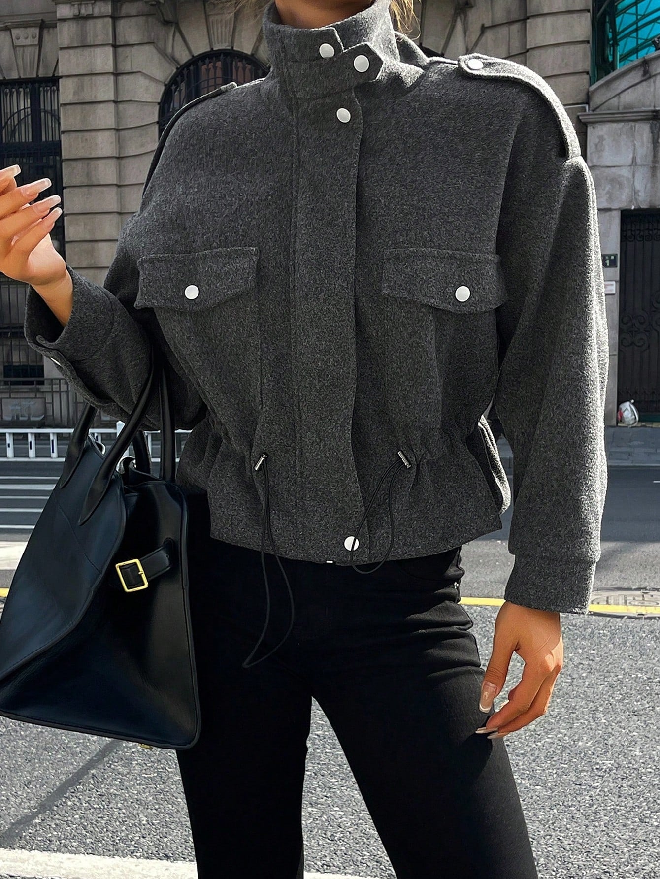 CM-CS798852 Women Elegant Seoul Style Funnel Neckline Long Sleeve Drawstring Waist Jacket - Dark Gray