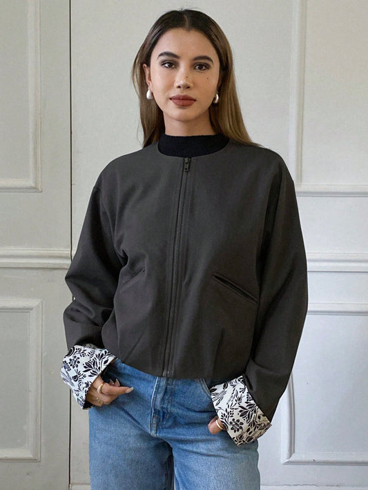 CM-CS614377 Women Elegant Seoul Style Solid Color Round Neck Long Sleeve Zipper Patchwork Lace Jacket - Gray