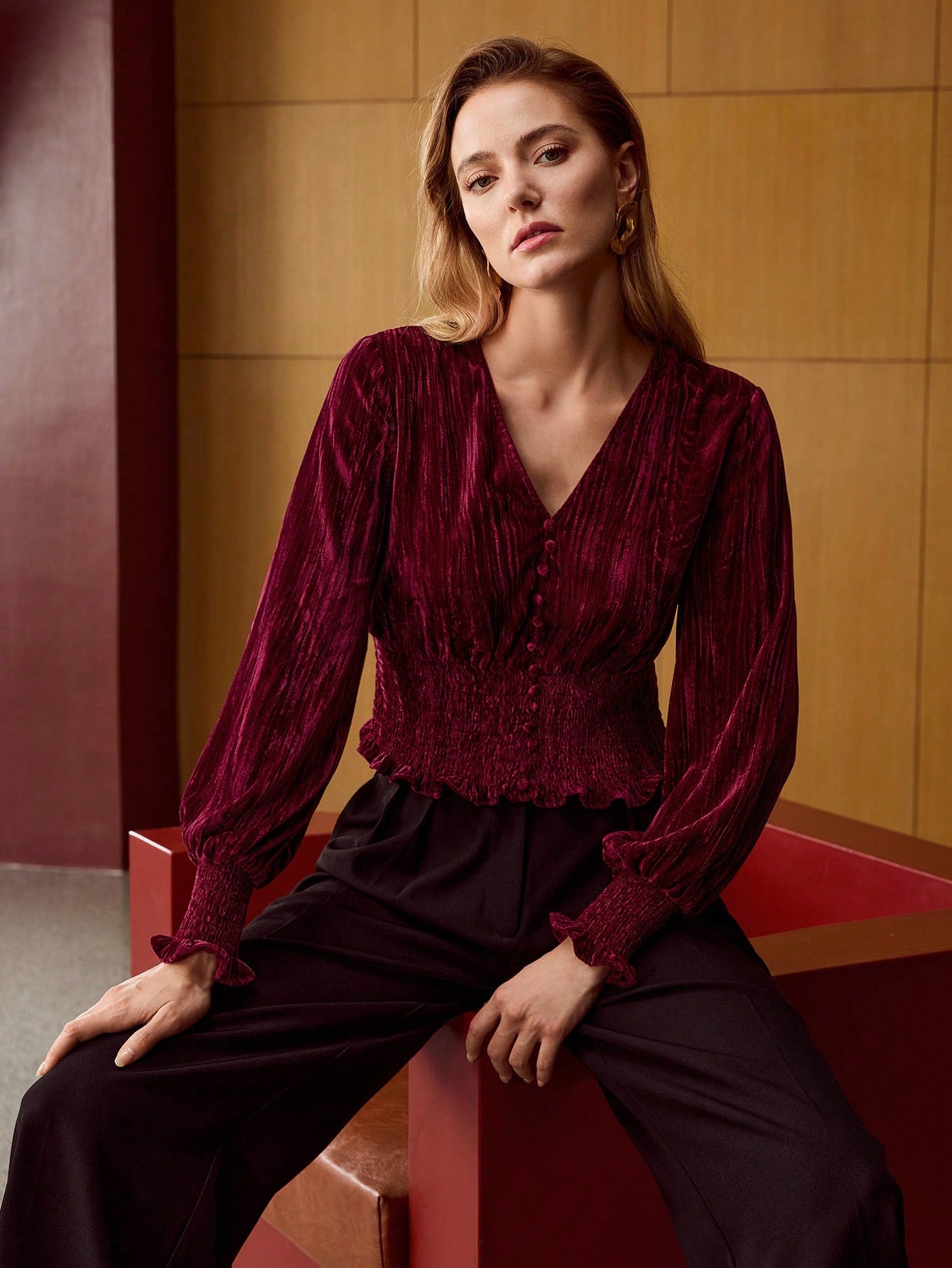 CM-TS889921 Women Elegant Seoul Style Velvet V-Neck Lantern Sleeve Textured Shirred Wide Hem Blouse - Burgundy