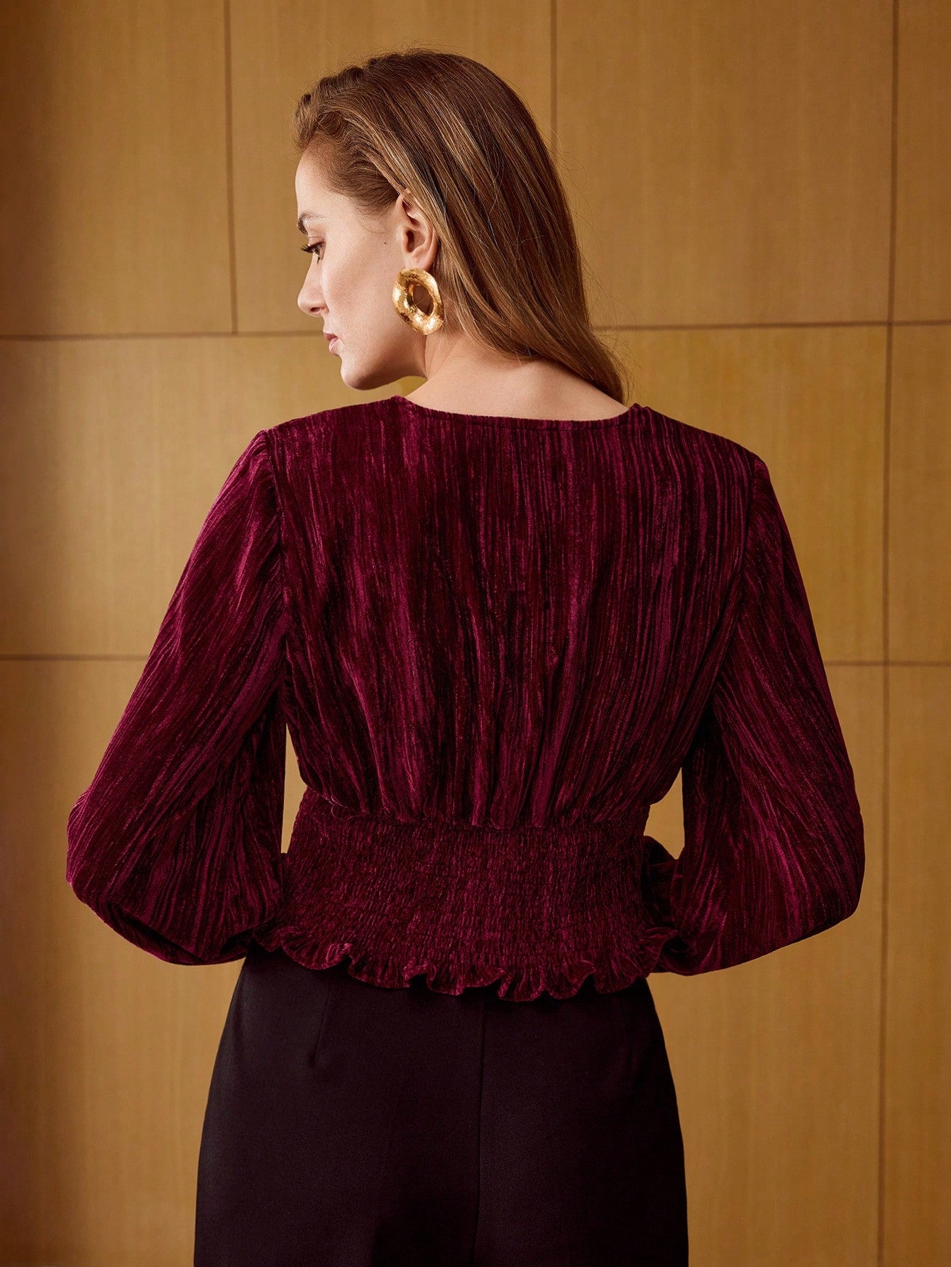CM-TS889921 Women Elegant Seoul Style Velvet V-Neck Lantern Sleeve Textured Shirred Wide Hem Blouse - Burgundy