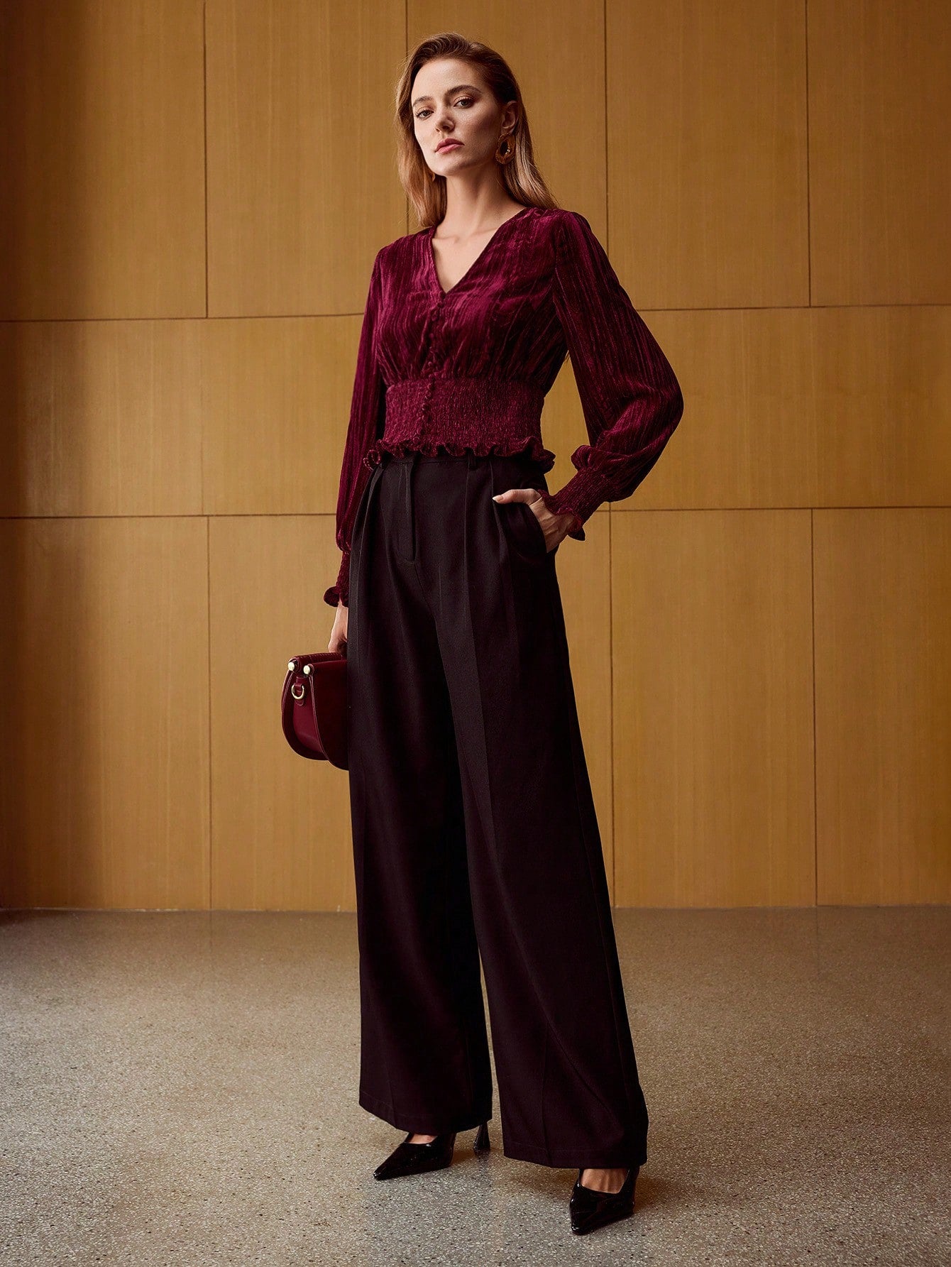 CM-TS889921 Women Elegant Seoul Style Velvet V-Neck Lantern Sleeve Textured Shirred Wide Hem Blouse - Burgundy