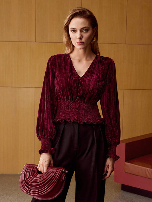 CM-TS889921 Women Elegant Seoul Style Velvet V-Neck Lantern Sleeve Textured Shirred Wide Hem Blouse - Burgundy