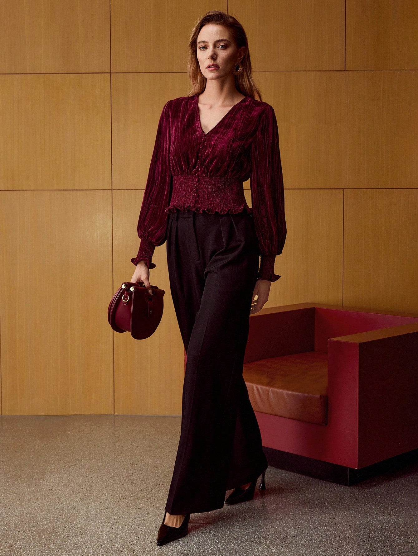 CM-TS889921 Women Elegant Seoul Style Velvet V-Neck Lantern Sleeve Textured Shirred Wide Hem Blouse - Burgundy