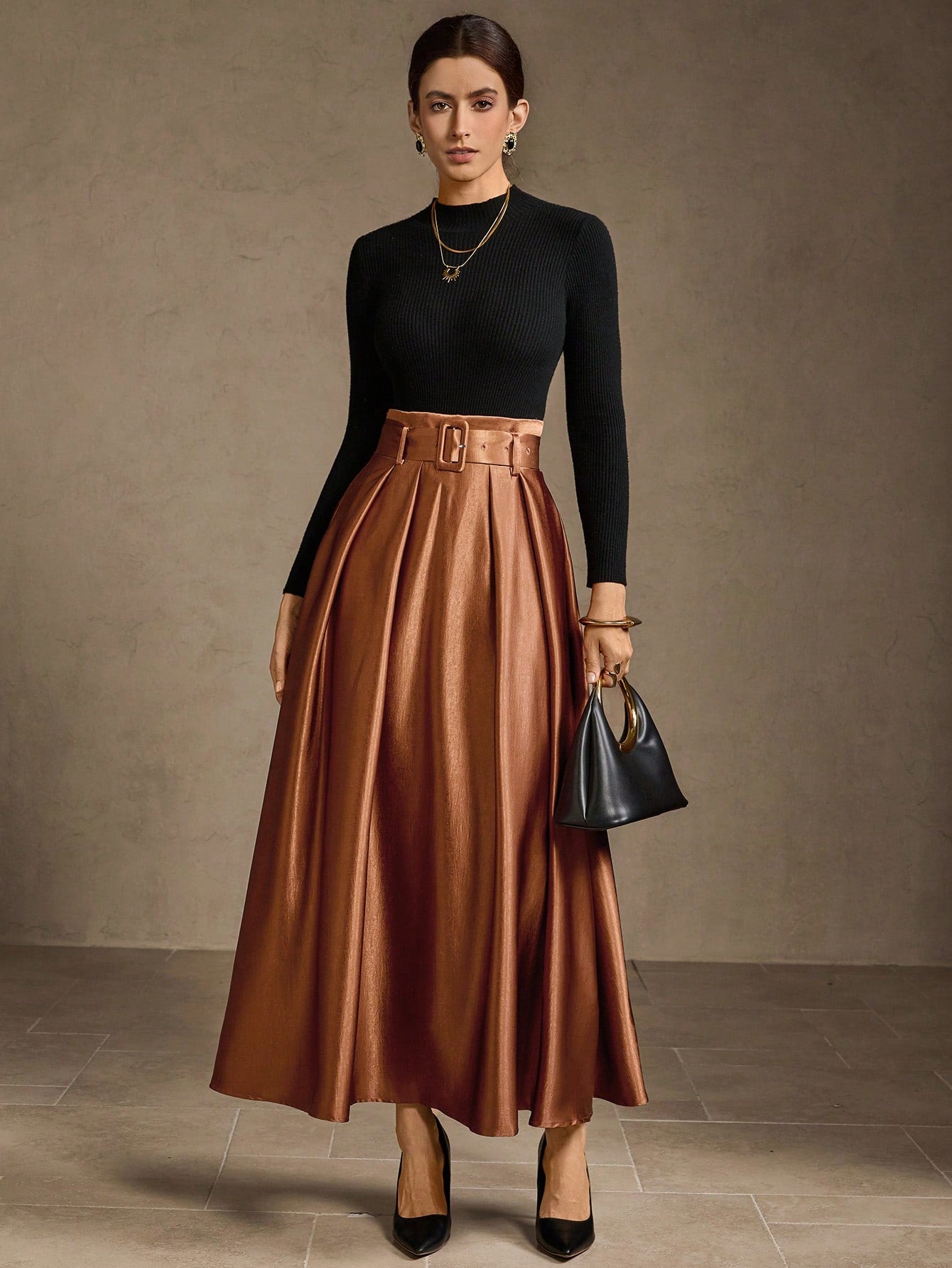 CM-BS233822 Women Elegant Seoul Style High Waist Belted Fold Pleated Maxi Skirt - Coffee Brown
