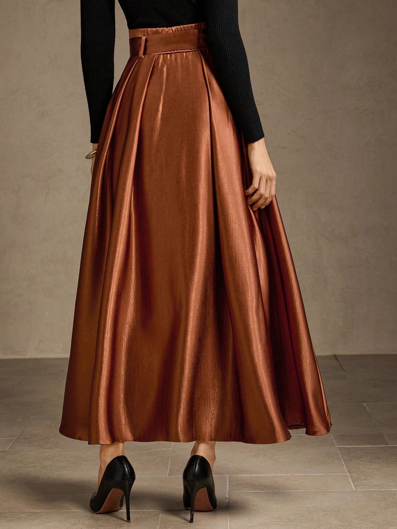 CM-BS233822 Women Elegant Seoul Style High Waist Belted Fold Pleated Maxi Skirt - Coffee Brown