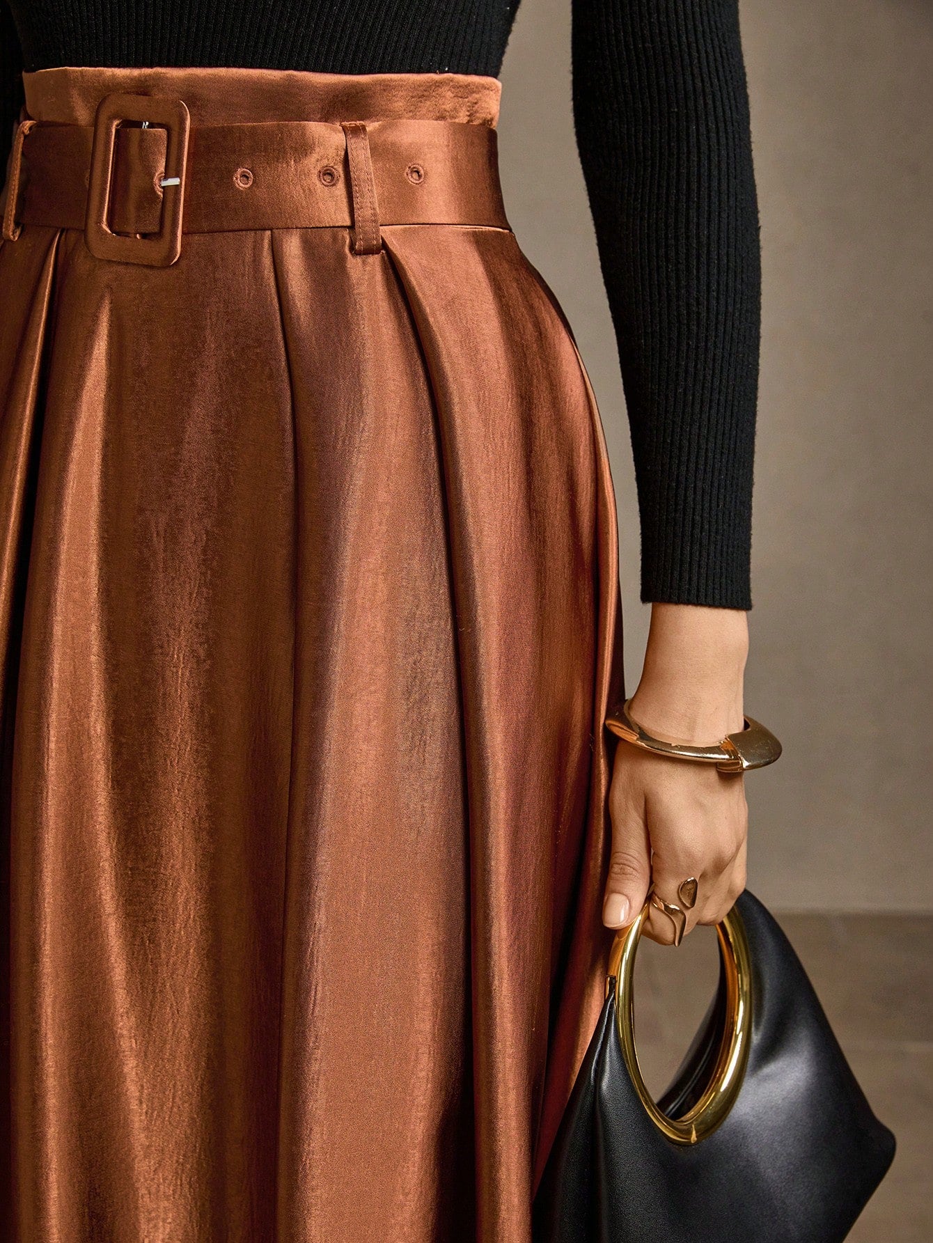 CM-BS233822 Women Elegant Seoul Style High Waist Belted Fold Pleated Maxi Skirt - Coffee Brown