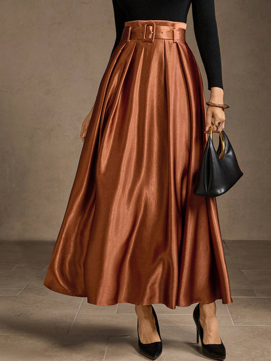 CM-BS233822 Women Elegant Seoul Style High Waist Belted Fold Pleated Maxi Skirt - Coffee Brown