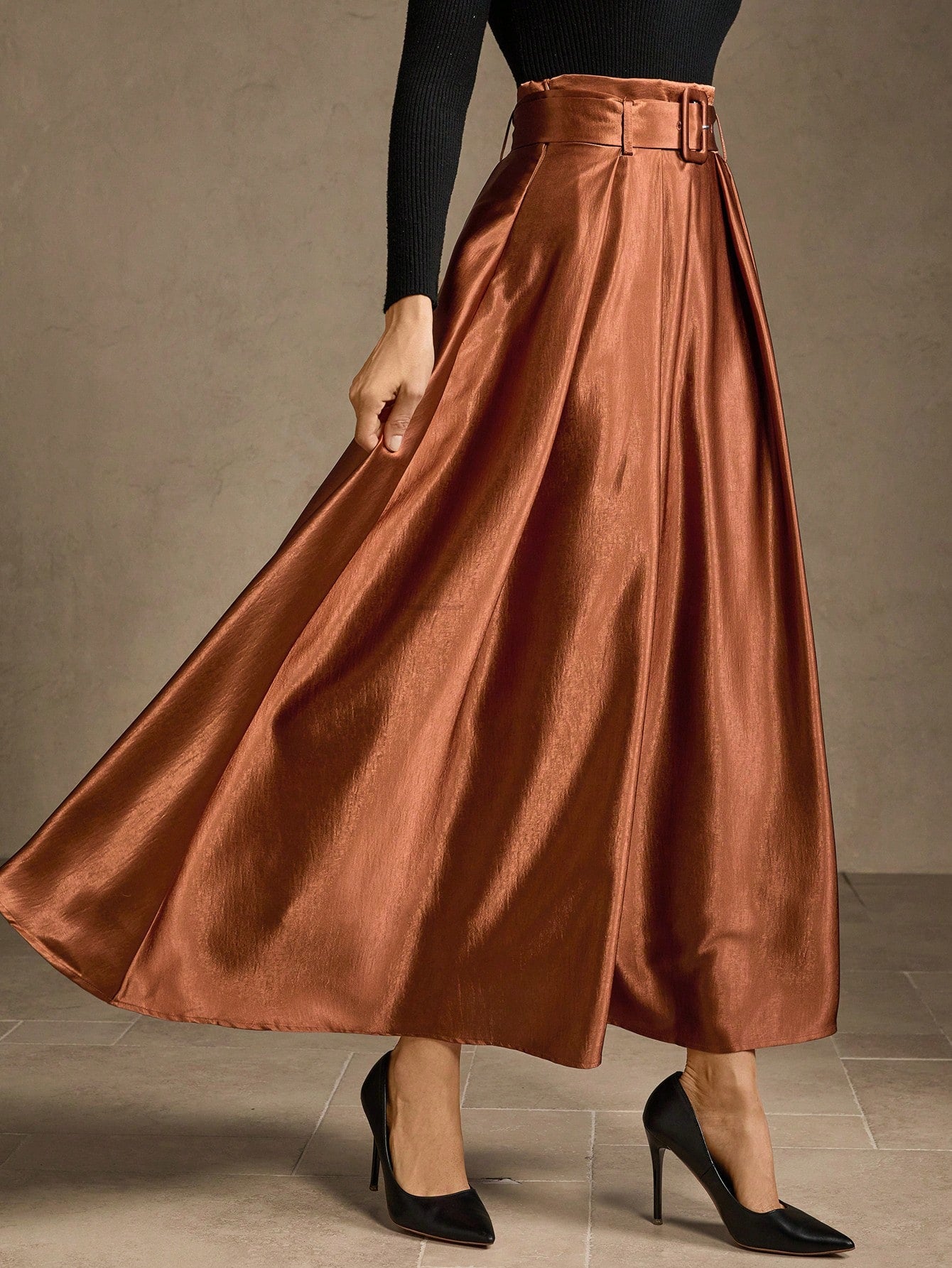 CM-BS233822 Women Elegant Seoul Style High Waist Belted Fold Pleated Maxi Skirt - Coffee Brown