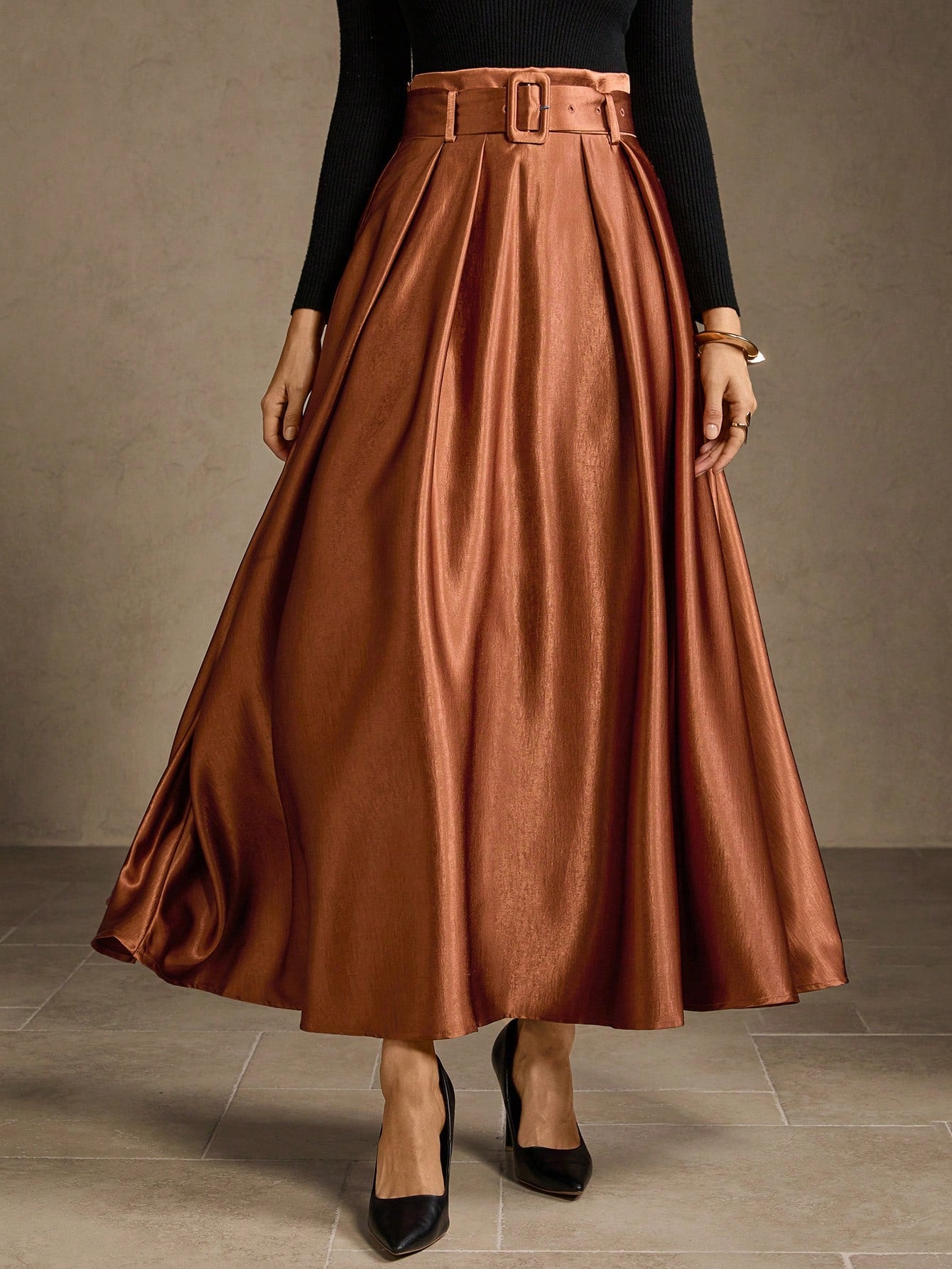 CM-BS233822 Women Elegant Seoul Style High Waist Belted Fold Pleated Maxi Skirt - Coffee Brown