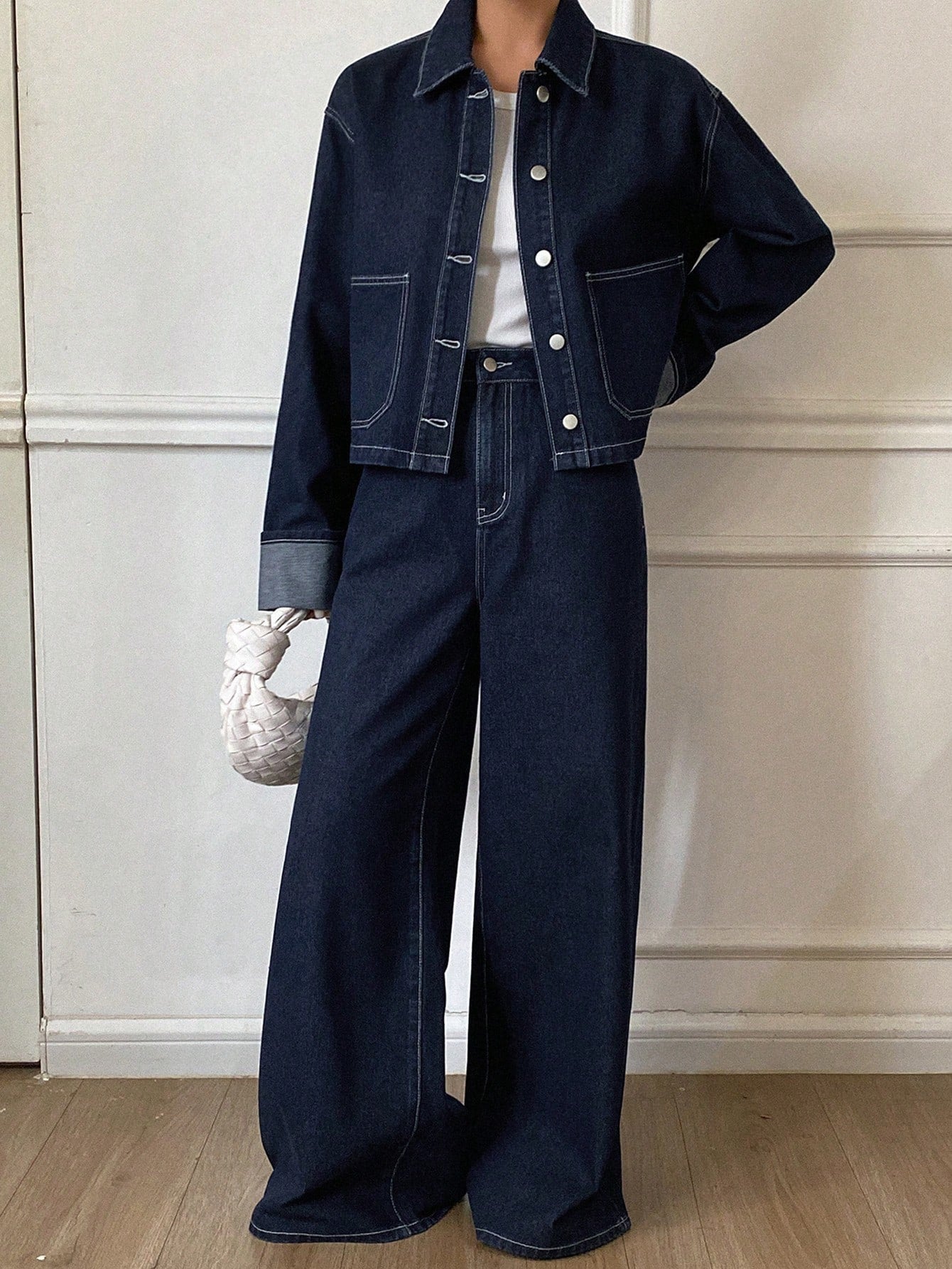 CM-SS565030 Women Casual Seoul Style Collar Neckline Long Sleeve Denim Jacket With Pants - Set