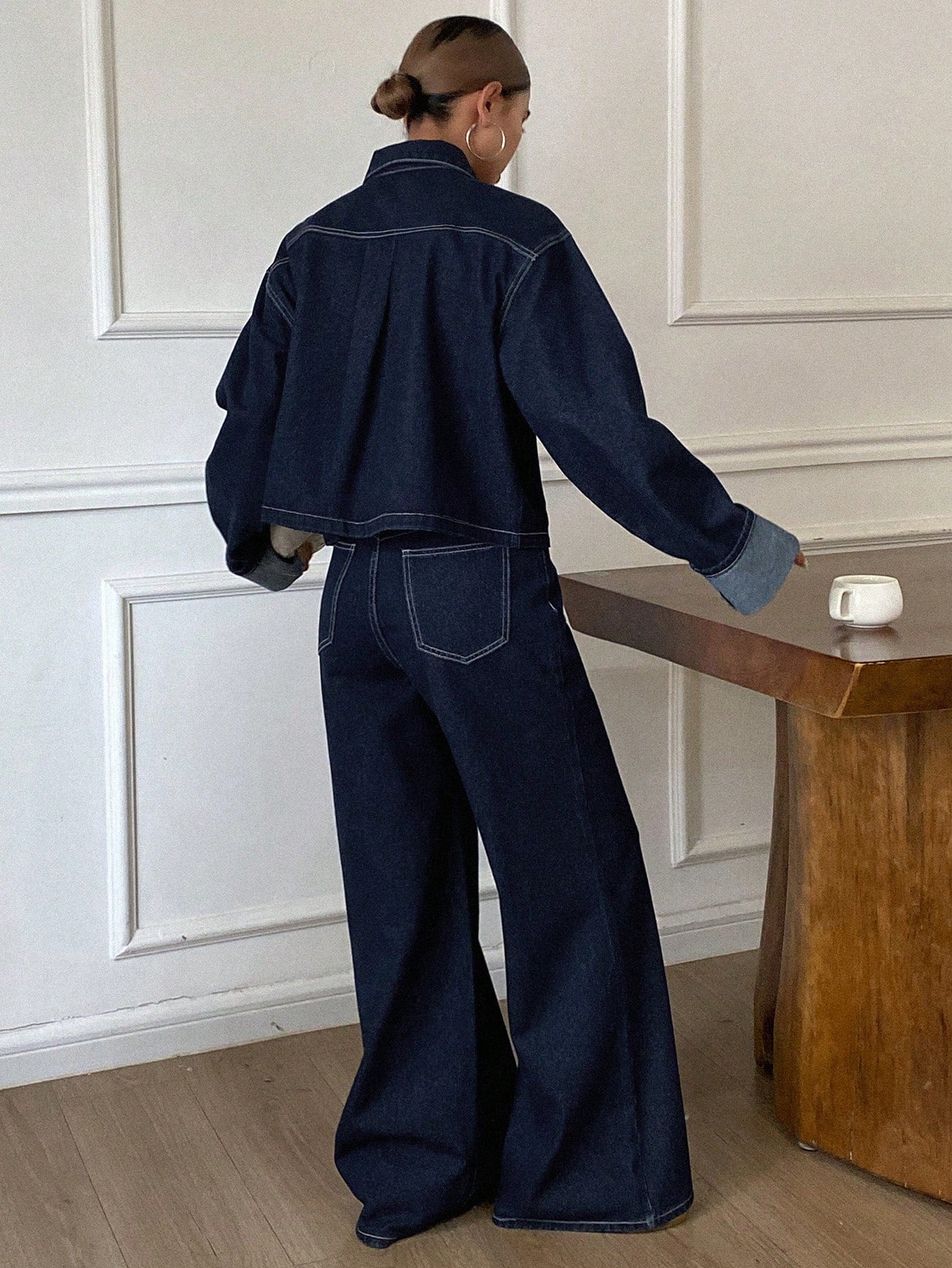 CM-SS565030 Women Casual Seoul Style Collar Neckline Long Sleeve Denim Jacket With Pants - Set