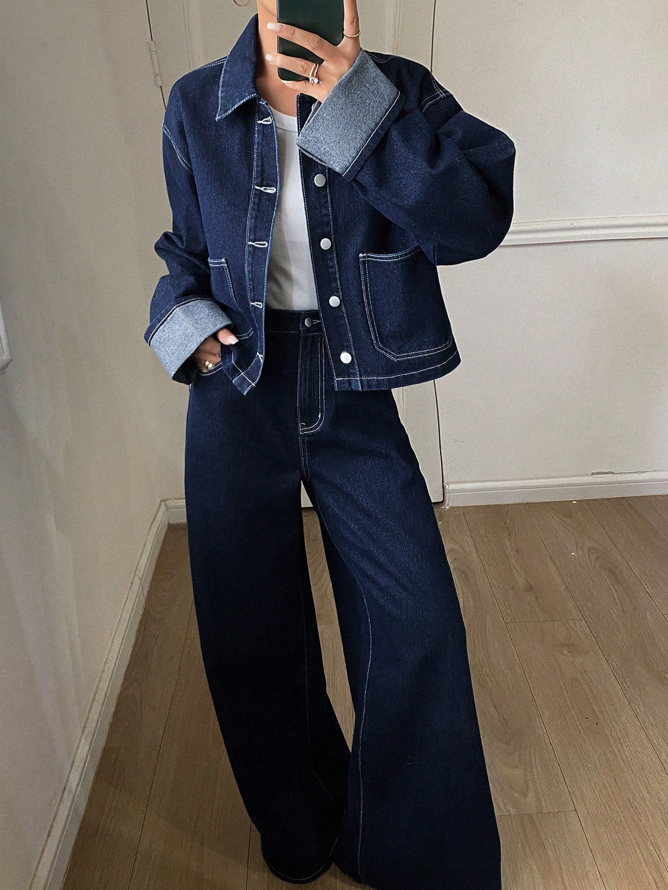 CM-SS565030 Women Casual Seoul Style Collar Neckline Long Sleeve Denim Jacket With Pants - Set