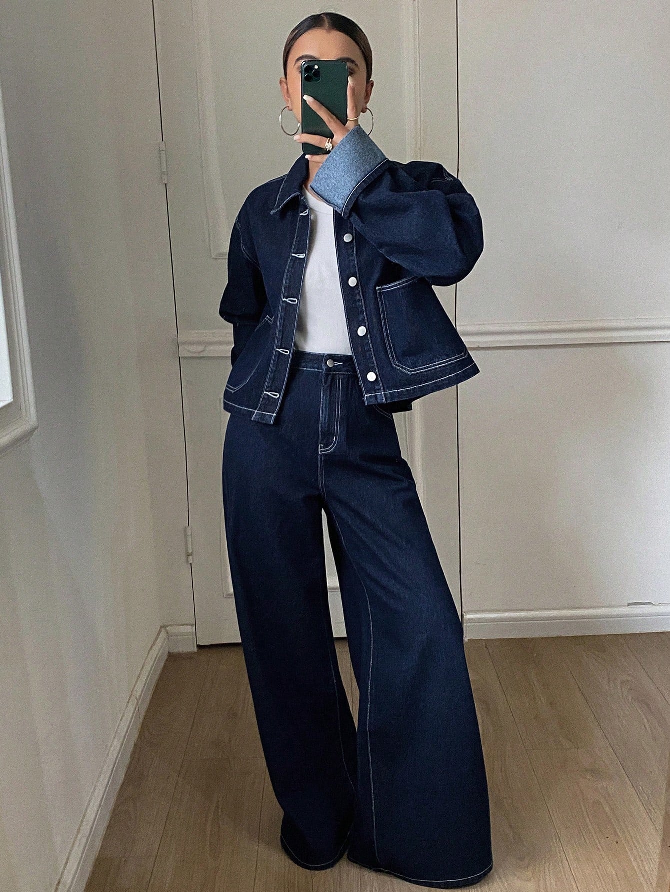 CM-SS565030 Women Casual Seoul Style Collar Neckline Long Sleeve Denim Jacket With Pants - Set