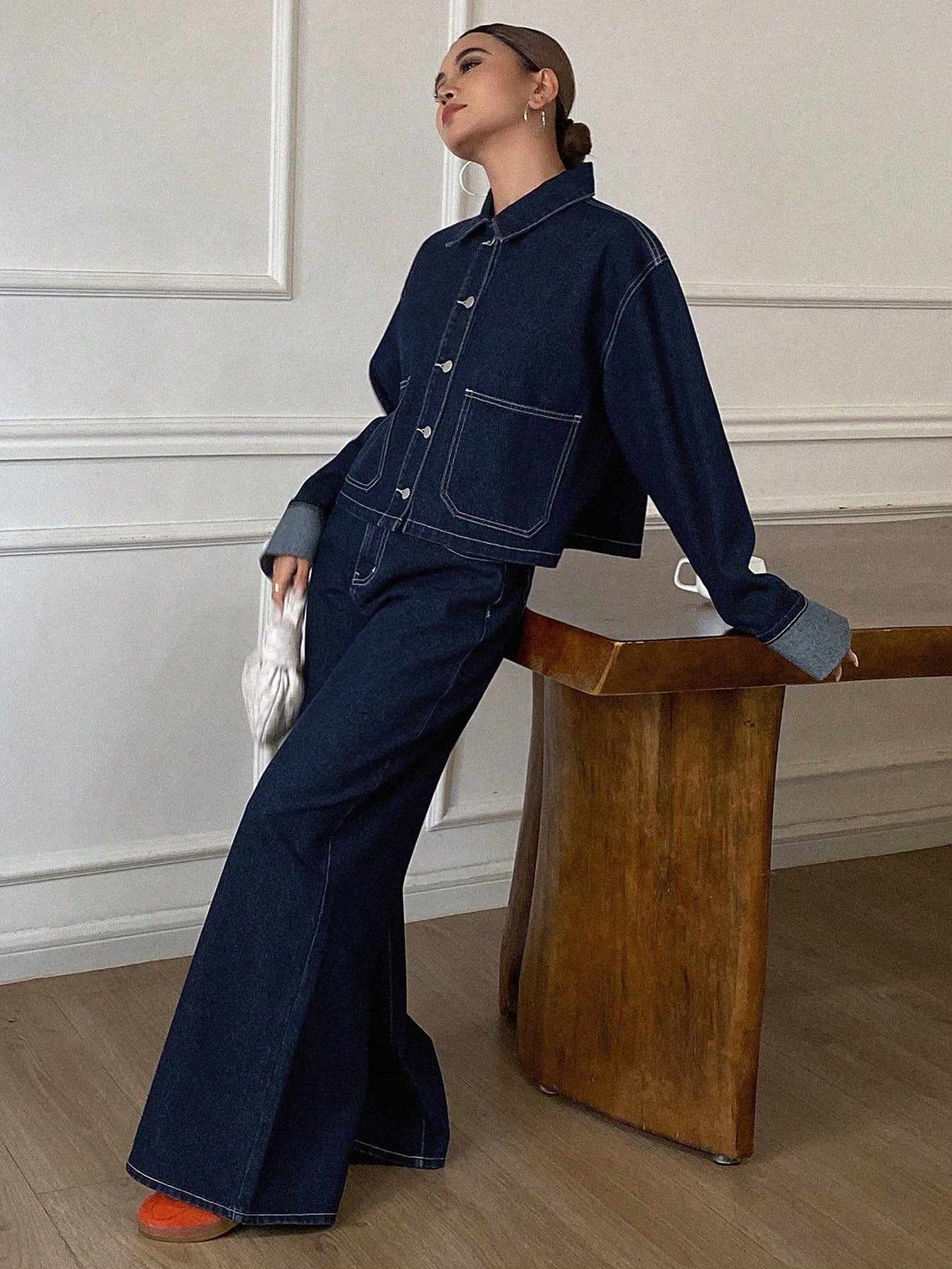 CM-SS565030 Women Casual Seoul Style Collar Neckline Long Sleeve Denim Jacket With Pants - Set