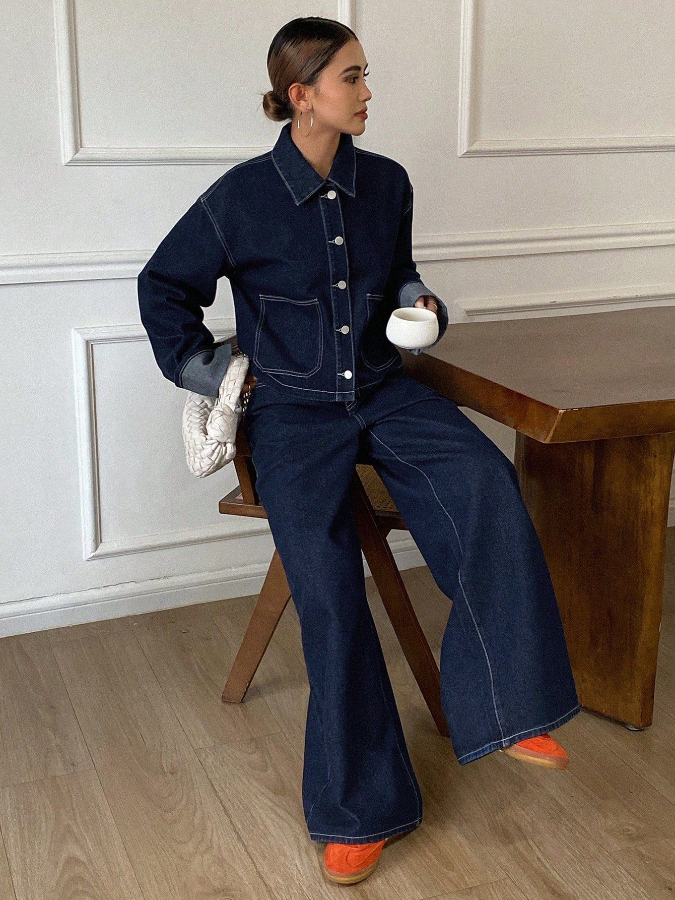 CM-SS565030 Women Casual Seoul Style Collar Neckline Long Sleeve Denim Jacket With Pants - Set