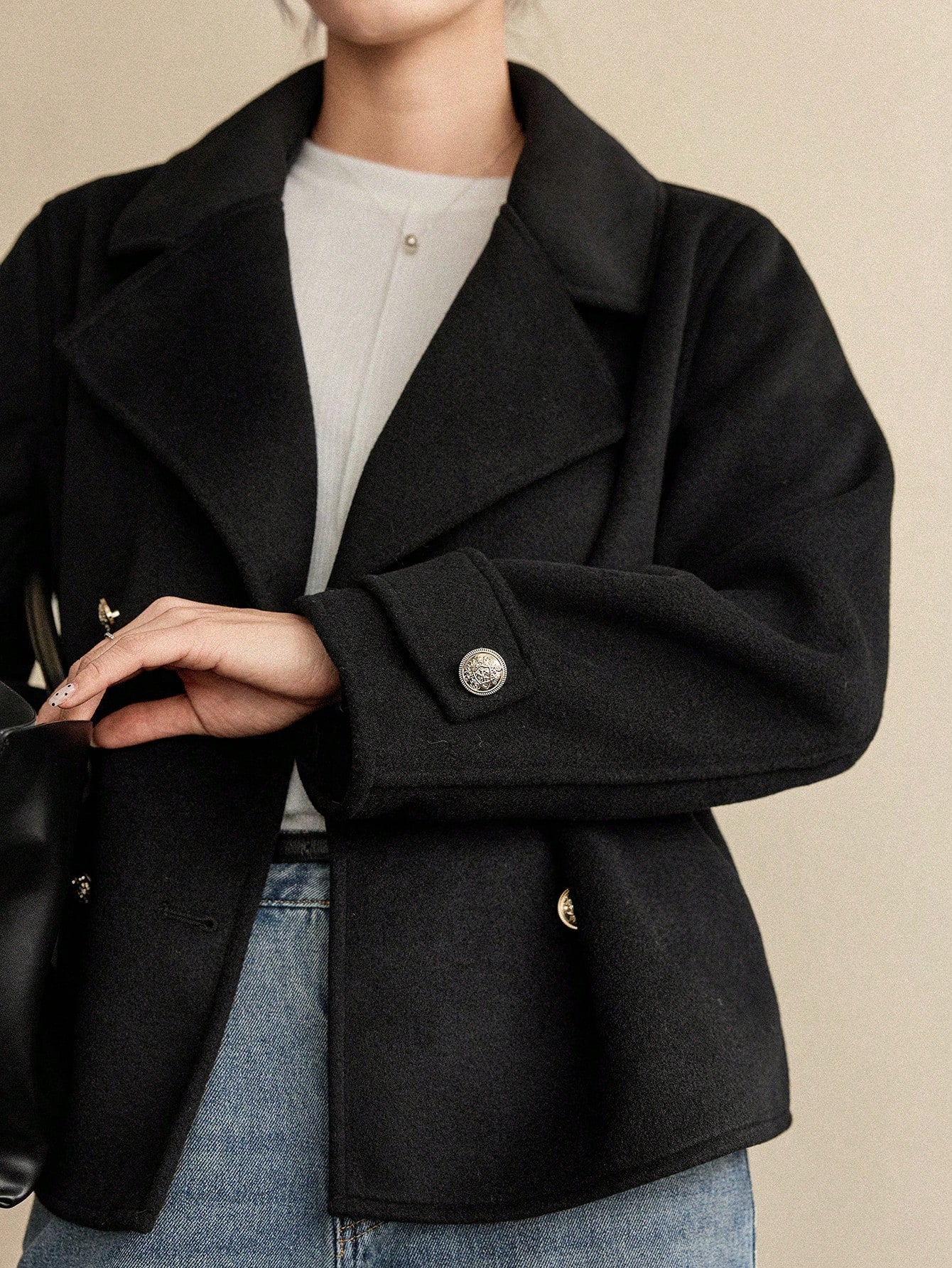 CM-CS036719 Women Elegant Seoul Style Lapel Neckline Long Sleeve Double Breasted Loose Fit Jacket - Black