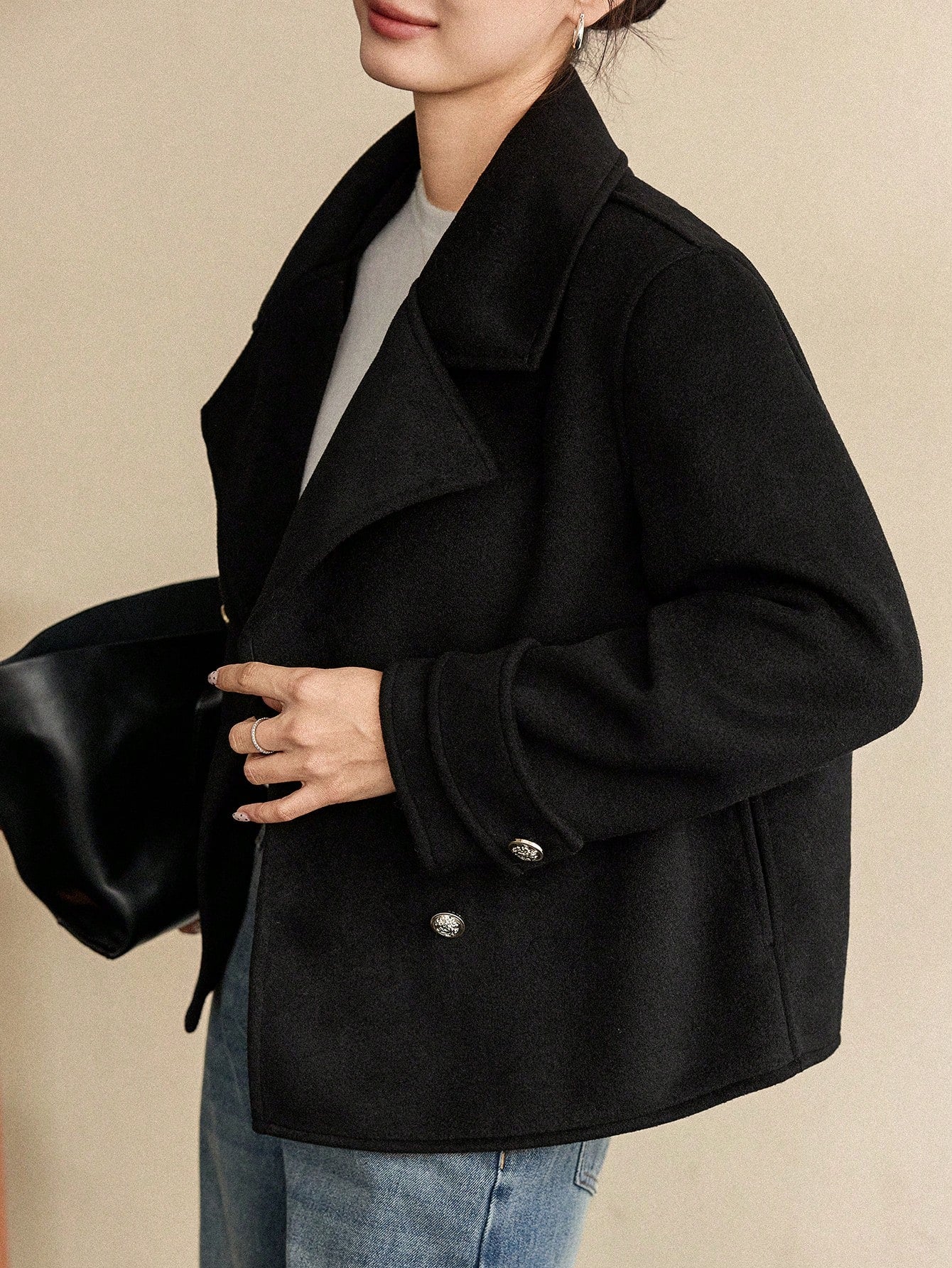 CM-CS036719 Women Elegant Seoul Style Lapel Neckline Long Sleeve Double Breasted Loose Fit Jacket - Black