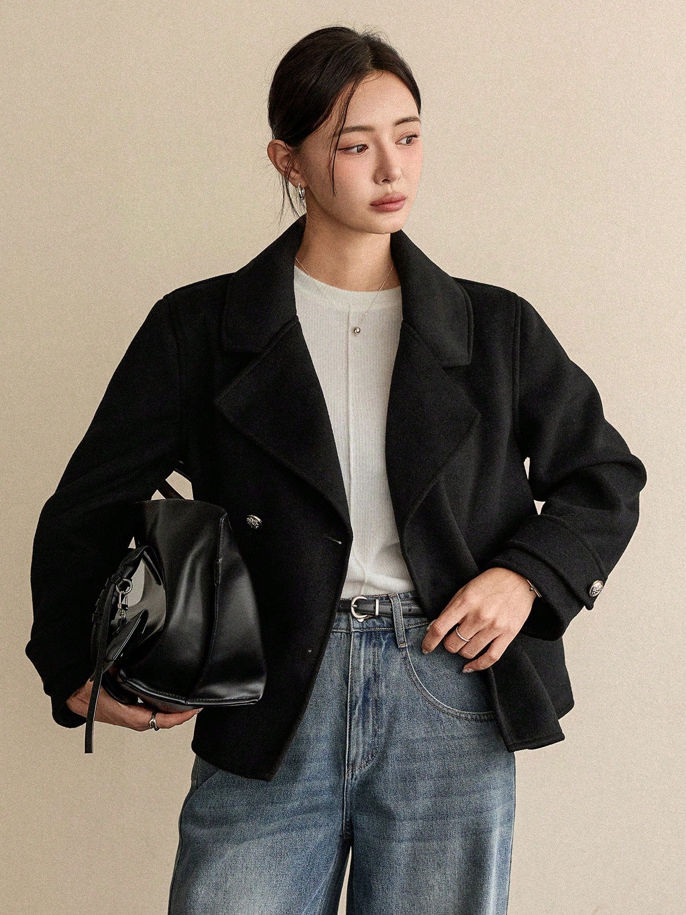 CM-CS036719 Women Elegant Seoul Style Lapel Neckline Long Sleeve Double Breasted Loose Fit Jacket - Black
