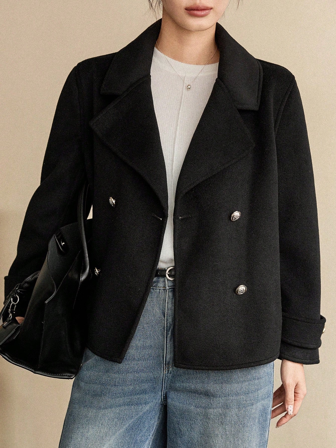 CM-CS036719 Women Elegant Seoul Style Lapel Neckline Long Sleeve Double Breasted Loose Fit Jacket - Black