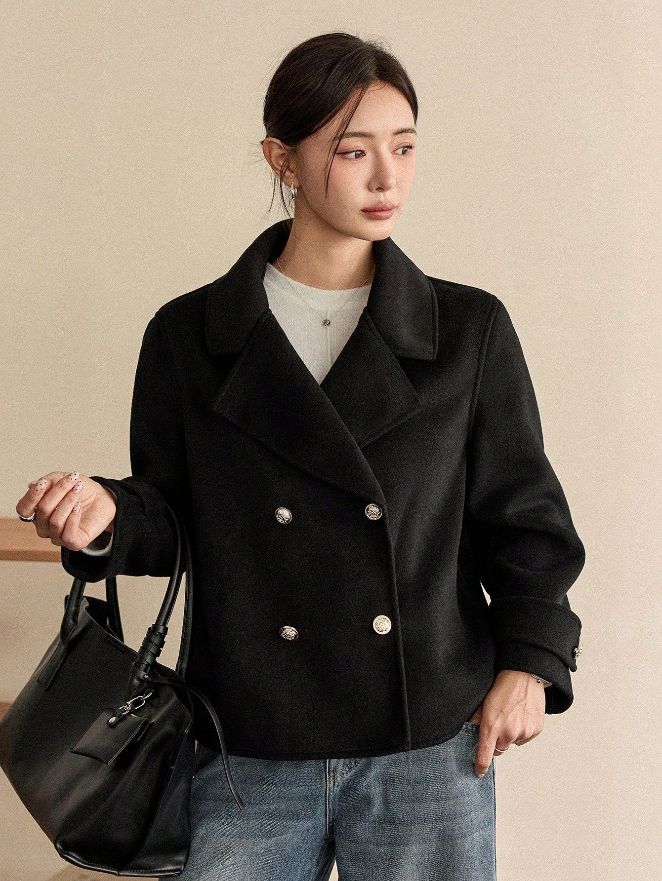 CM-CS036719 Women Elegant Seoul Style Lapel Neckline Long Sleeve Double Breasted Loose Fit Jacket - Black
