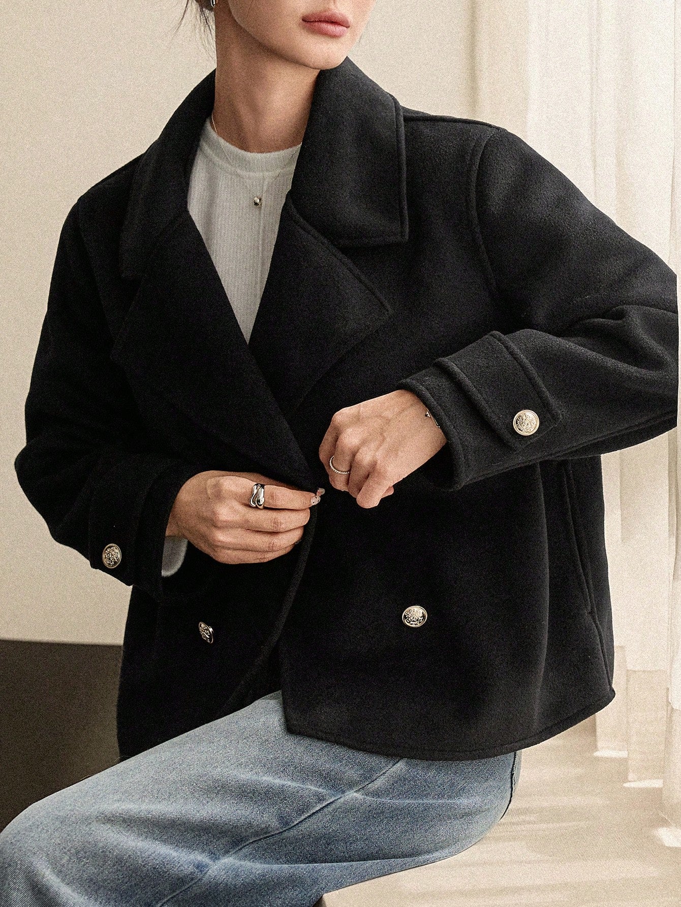 CM-CS036719 Women Elegant Seoul Style Lapel Neckline Long Sleeve Double Breasted Loose Fit Jacket - Black