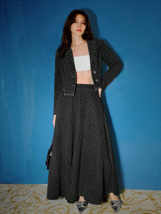 CM-SS396635 Women Elegant Seoul Style Lapel Collar Raw Edge Jacquard Denim Jacket With Maxi Skirt - Set
