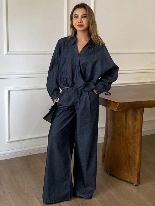 CM-SS390460 Women Casual Seoul Style Turndown Collar Long Sleeve Loose Shirt With Straight Leg Jeans - Set