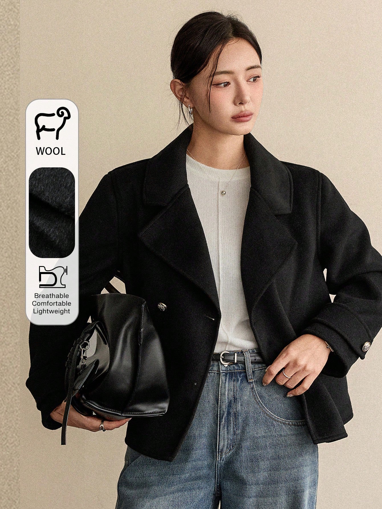 CM-CS036719 Women Elegant Seoul Style Lapel Neckline Long Sleeve Double Breasted Loose Fit Jacket - Black