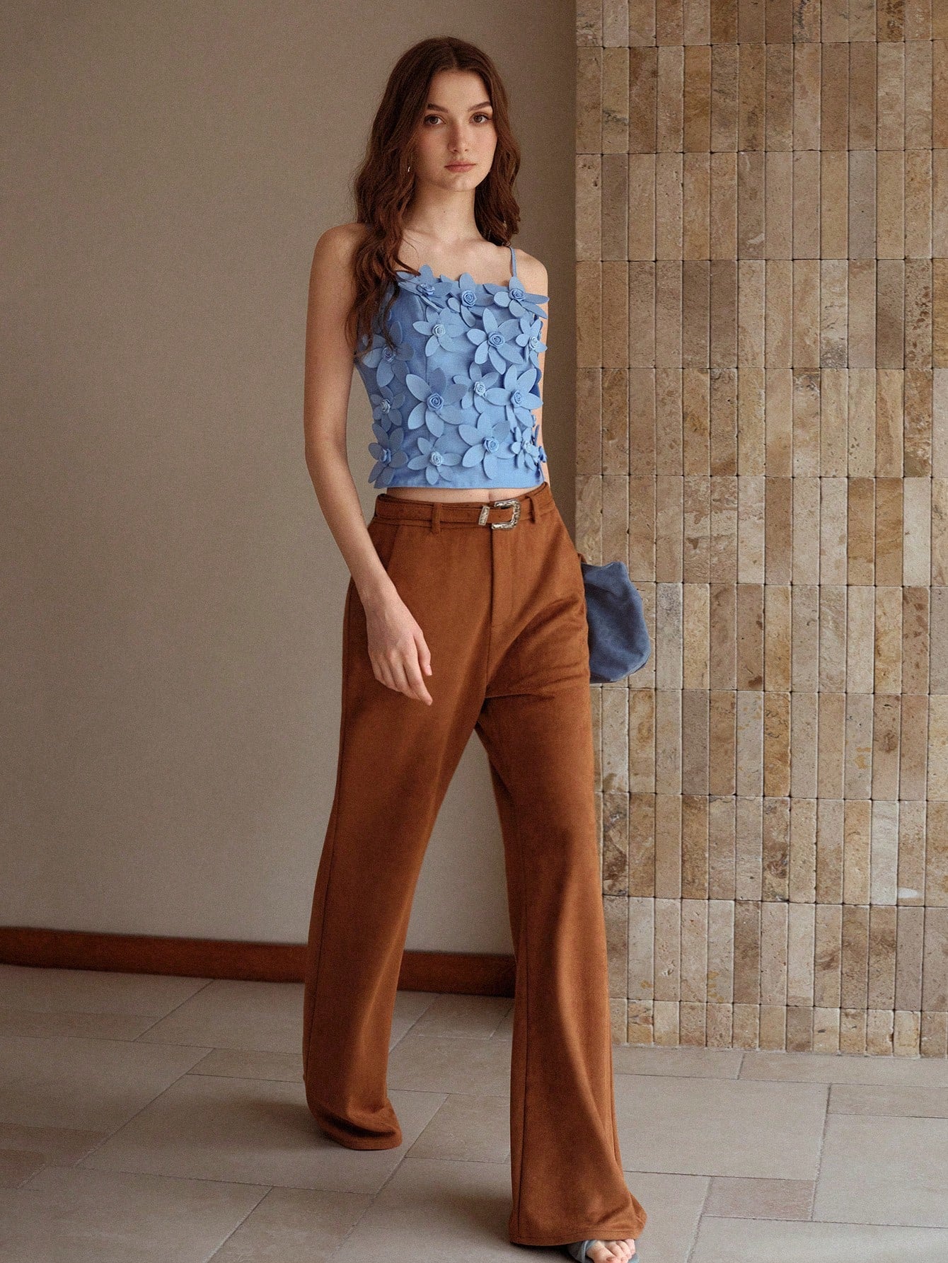 CM-TS391850 Women Elegant Seoul Style Sleeveless 3D Floral Fitted Micro Crop Top - Blue