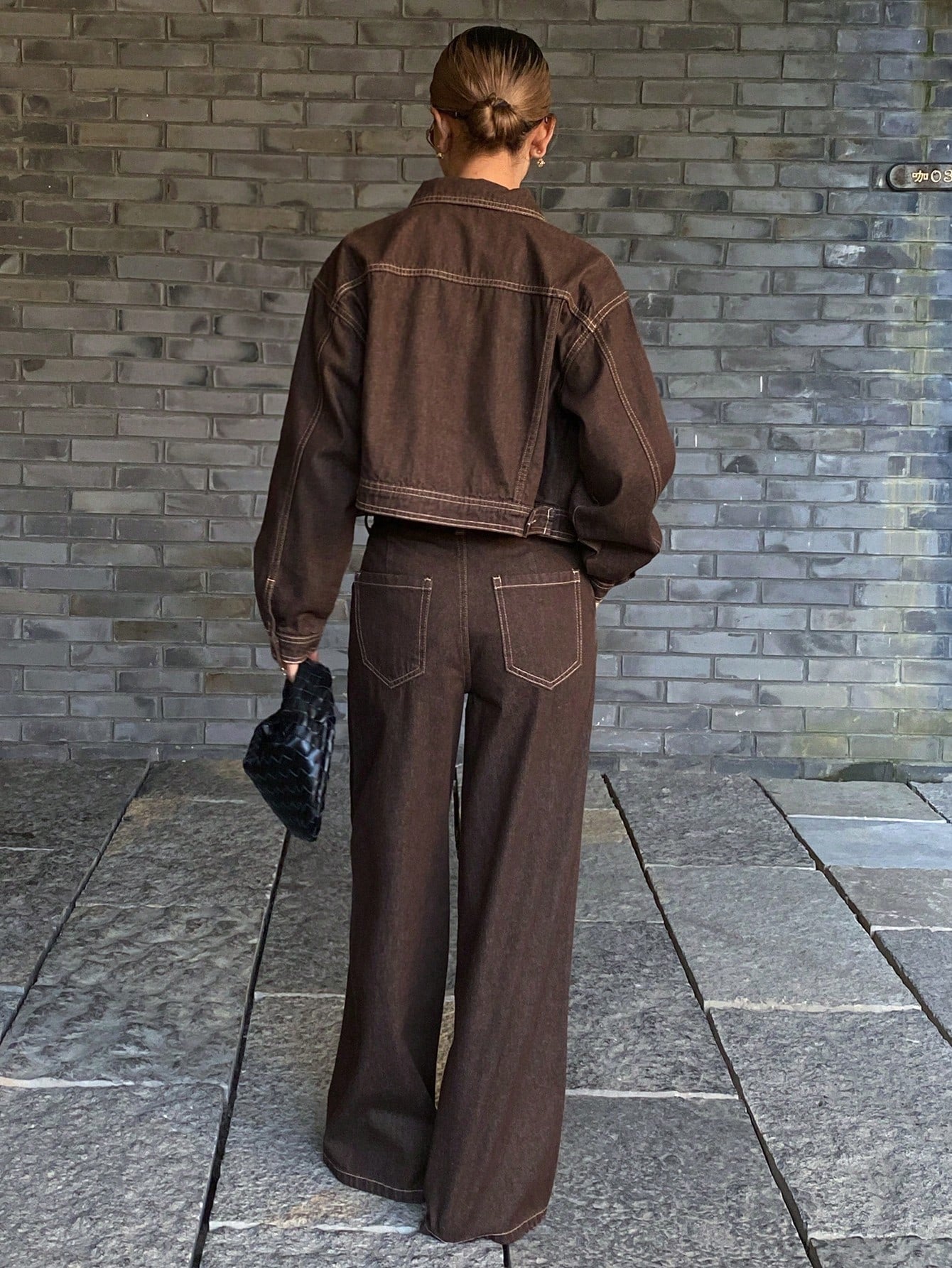 CM-SS260020 Women Casual Seoul Style Color Blocking Faux Pocket Jacket With Wide Leg Jeans - Set