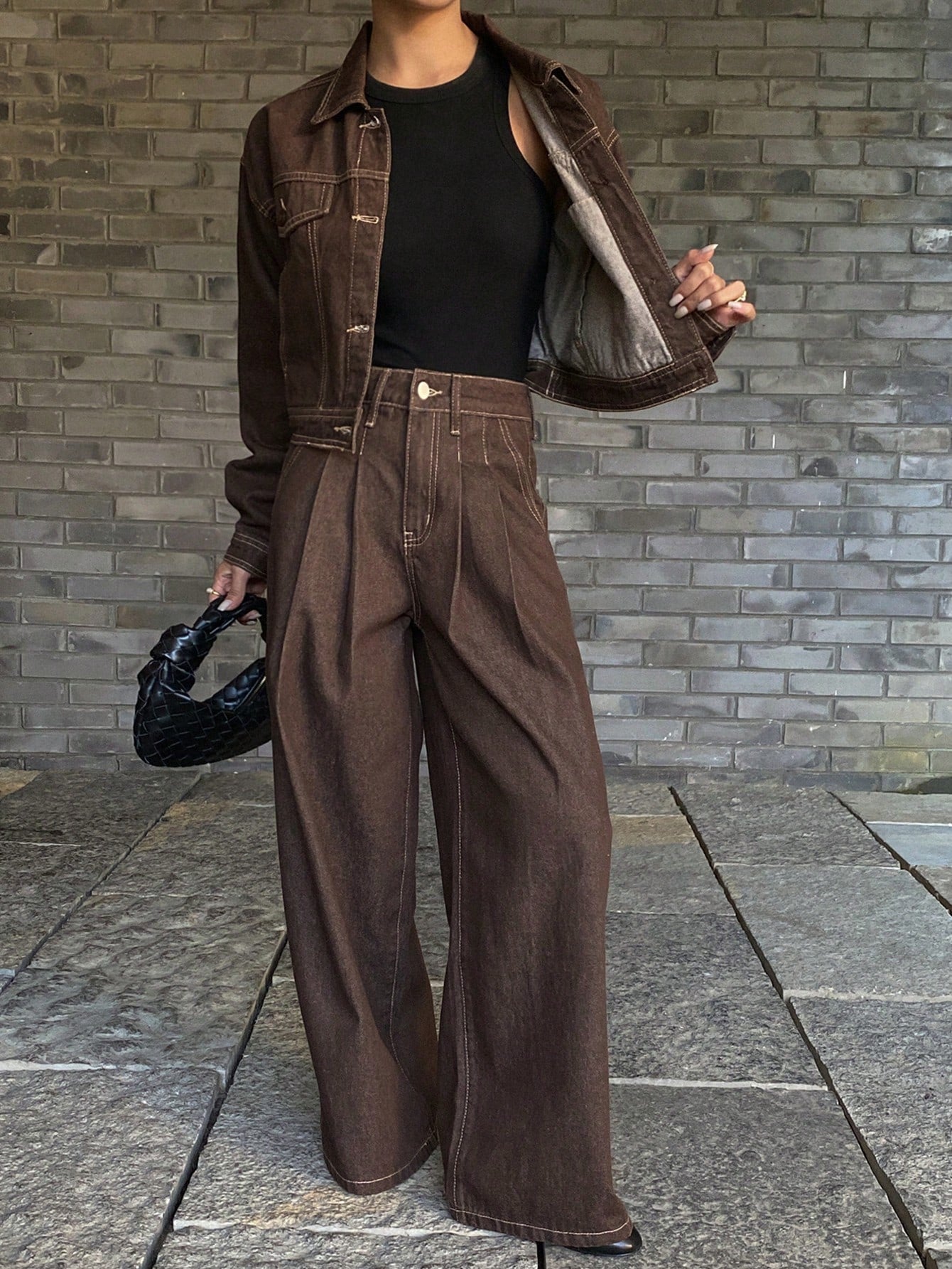 CM-SS260020 Women Casual Seoul Style Color Blocking Faux Pocket Jacket With Wide Leg Jeans - Set